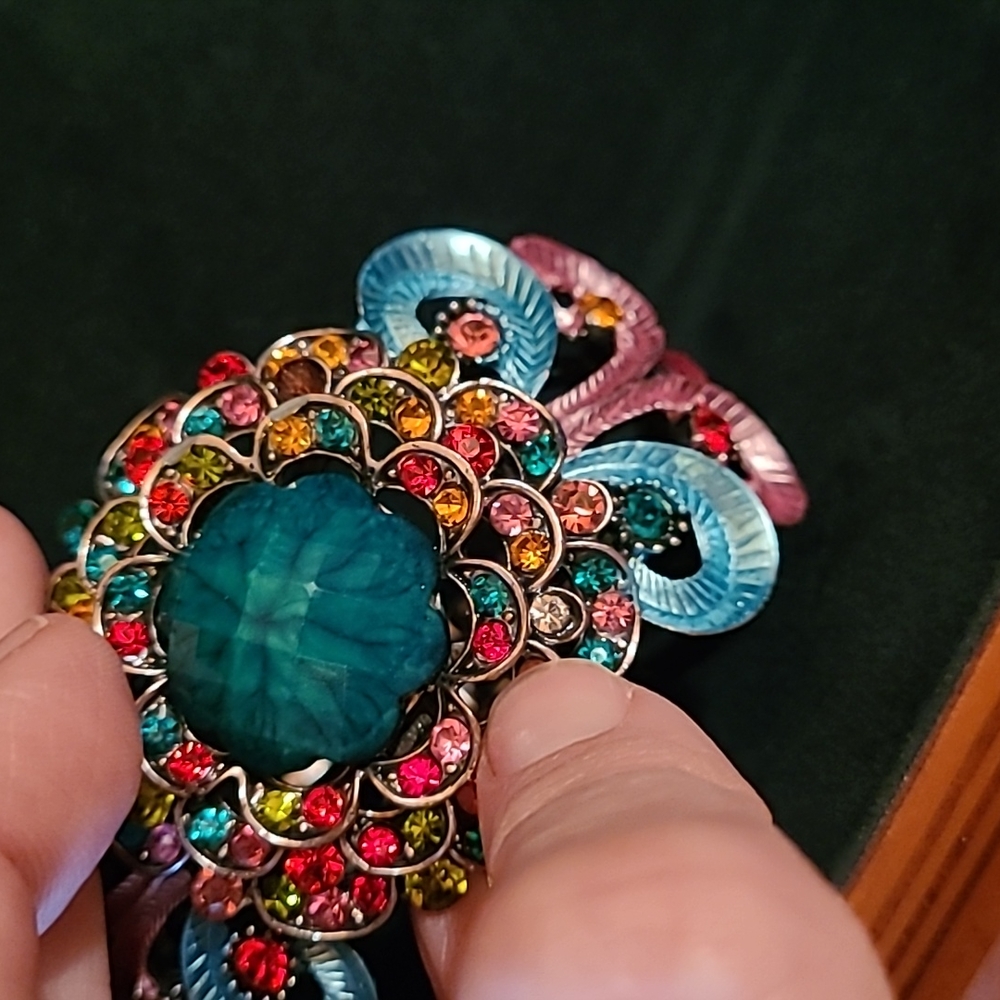 VTG Mardi Gras Mermaid SDLZ Cuff Bracelet Art Deco Floral Rainbow Wrist Clamper - Picture 12 of 12